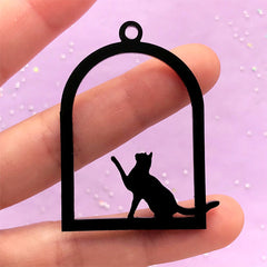 Acrylic Kitty Open Bezel Pendant | Cat in Bird Cage Charm | Cute Deco Frame for UV Resin Jewelry Making (1 piece / Black / 34mm x 49mm / 2 Sided)