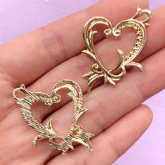 Ornate Heart Open Backed Bezel Charm | Valentine's Day Deco Frame for UV Resin Filling | Love Pendant (2 pcs / Gold / 25mm x 34mm)