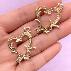 Ornate Heart Open Backed Bezel Charm | Valentine's Day Deco Frame for UV Resin Filling | Love Pendant (2 pcs / Gold / 25mm x 34mm)
