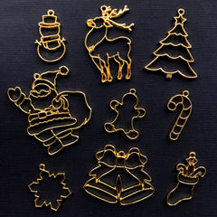 Christmas Open Bezel Assortment | Santa Claus Christmas Tree Snowflake Candy Cane Snowman Reindeer Gingerbread Man Stocking Jingle Bell Charms (9pcs / Gold)