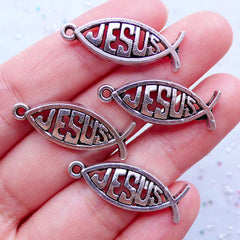 CLEARANCE Jesus Fish Charms Ichthys Ichthus Charm (4pcs / 10mm x 27mm / Tibetan Silver) Jesus Christ Christian Holy Fish Religious Jewelry CHM1932
