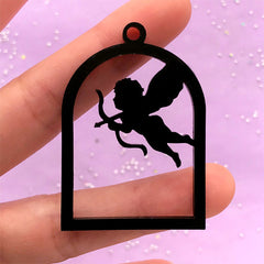 CLEARANCE Cupid Angel Open Back Bezel Pendant | God of Love Charm | Acrylic Bird Cage Deco Frame for UV Resin Filling (1 piece / Black / 34mm x 49mm / 2 Sided)