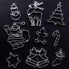 Assorted Christmas Open Back Bezel Charms | Snowflake Candy Cane Christmas Tree Gingerbread Man Santa Claus Snowman Reindeer Stocking Jingle Bell Pendant (9pcs / Silver)