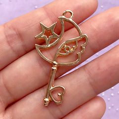 Magical Girl Wand Open Backed Bezel Charm | Winged Moon Key Pendant | Mahou Kei Jewellery Making | UV Resin Supplies (1 piece / Gold / 23mm x 42mm)