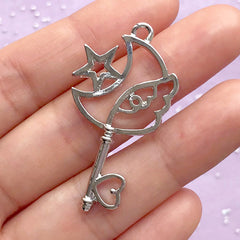 Moon with Wing Magic Wand Open Bezel Pendant | Magical Girl Key Charm | Kawaii UV Resin Jewelry DIY (1 piece / Silver / 23mm x 42mm)
