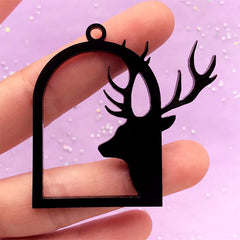 Kawaii Acrylic Open Bezel Pendant | Reindeer Head and Bird Cage Charm | Black Deco Frame | UV Resin Art (1 piece / Black / 34mm x 49mm / 2 Sided)