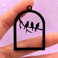 Acrylic Bird Cage Open Backed Bezel Pendant | Bird on Branch Charm | UV Resin Jewellery Supplies (1 piece / Black / 34mm x 49mm / 2 Sided)