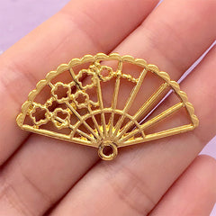 Sakura Hand Fan Open Bezel | Folding Fan Charm | Oriental Pendant | UV Resin Jewellery Supplies (1 piece / Gold / 40mm x 24mm)