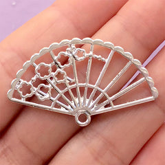 Cherry Blossom Folding Fan Open Bezel Charm for UV Resin | Hand Fan Pendant | Oriental Jewelry Supplies (1 piece / Silver / 40mm x 24mm)