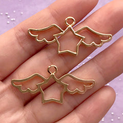 Star with Angel Wing Open Bezel Charm | Kawaii Magical Girl Craft Supplies | UV Resin Jewelry Making (2 pcs / Gold / 40mm x 18mm)