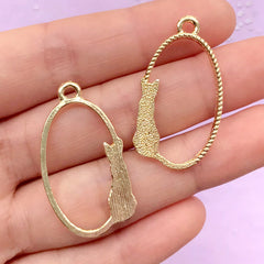 Oval Cat Frame Open Bezel | Kitty Charm | Kitten Pendant | Kawaii UV Resin Jewellery Supplies (2 pcs / Gold / 18mm x 34mm)