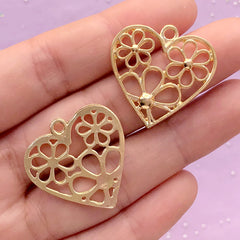 Flower Heart Open Back Bezel Charm | Floral Deco Frame for UV Resin Filling | Kawaii Jewellery Supplies (2 pcs / Gold / 26mm x 26mm)