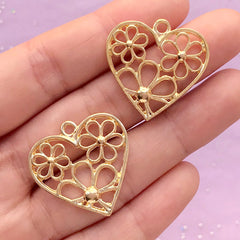 Flower Heart Open Back Bezel Charm | Floral Deco Frame for UV Resin Filling | Kawaii Jewellery Supplies (2 pcs / Gold / 26mm x 26mm)