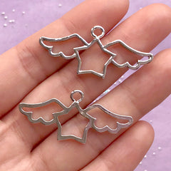 Magical Winged Star Open Back Bezel Pendant | Star with Angel Wings | Kawaii Craft Supplies | UV Resin Jewellery Making (2 pcs / Silver / 40mm x 18mm)