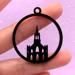Acrylic Castle Open Bezel Charm | Round Deco Frame for UV Resin Filling | Kawaii Resin Jewellery Supplies (1 piece / Black / 41mm x 45mm / 2 Sided)