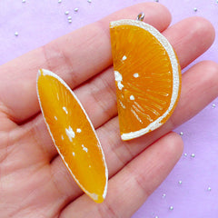 Orange Charms in 3D | Fake Orange Slice Cabochons | Fruit Charm | Kawaii Chunky Pendant | Decoden Supplies (2pcs / 21mm x 40mm / 3D)