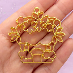 Flower House Open Bezel Charm | Fairy Tale Deco Frame for UV Resin Filling | Kawaii Craft Supplies (1 piece / Gold / 49mm x 47mm)