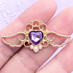 Magical Girl Open Bezel with Heart Rhinestone | Angel Wings Charm | Winged Heart Pendant | UV Resin Craft (1 piece / Purple & Gold / 41mm x 19mm)