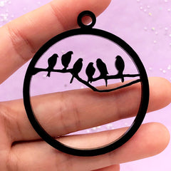 Birds on Branch Open Backed Bezel Charm | Round Acrylic Deco Frame | UV Resin Jewelry Supplies (1 piece / Black / 48mm x 54mm / 2 Sided)
