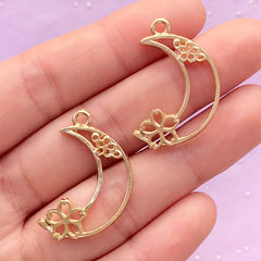Moon and Sakura Open Bezel Pendant | Cherry Blossom Charm | Floral Deco Frame for UV Resin Crafts (2 pcs / Gold / 19mm x 29mm)