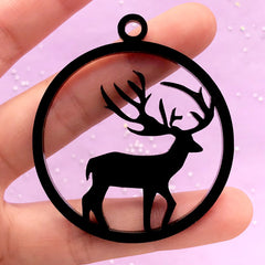 Reindeer Acrylic Open Back Bezel | Deer Charm | Round Deco Frame for UV Resin Filling | Kawaii Craft Supplies (1 piece / Black / 48mm x 54mm / 2 Sided)