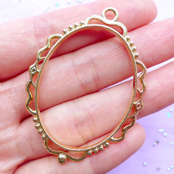 Oval Deco Frame for UV Resin Crafts | Art Frame Charm with Decorative Border | Kawaii Open Bezel Supplies (1 piece / Gold / 40mm x 54mm / 2 Sided)