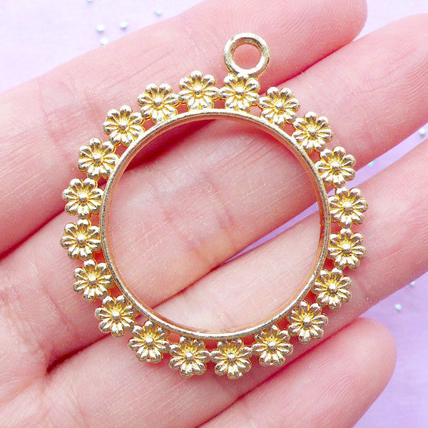 Flower Deco Frame with Decorative Floral Border | Round Open Bezel Charm | UV Resin Craft Supplies (1 piece / Gold / 37mm x 41mm / 2 Sided)