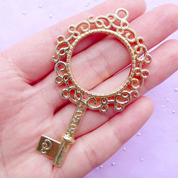 Vintage Key with Round Filigree Deco Frame | Open Backed Bezel for UV Resin Filling | Kawaii Jewelry Making (1 piece / Gold / 41mm x 71mm / 2 Sided)