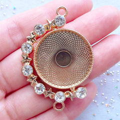 Rotating Charm with Rhinestones & Stars | Movable Bezel Tray | Blank Bezel Setting Pendant | Round Bezel Cup | Kawaii Craft Supplies (1 piece / Gold / 33mm x 48mm)