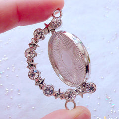 Rotating Bezel Pendant | Blank Bezel Tray with Rhinestones & Stars | Movable Bezel Cup | Round Bezel Setting Charm | UV Resin Jewelry Making (1 piece / Silver / 33mm x 48mm)