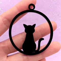 Black Acrylic Open Bezel Charm for UV Resin Craft | Cat Pendant | Kawaii Kitty Deco Frame | Resin Jewelry Supplies (1 piece / Black / 49mm x 57mm / 2 Sided)