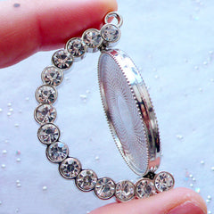 CLEARANCE Rotating Bezel Setting with Rhinestones | Round Bezel Cup Pendant | Movable Blank Bezel Tray | Kawaii Jewelry Supplies (1 piece / Silver / 38mm x 48mm)