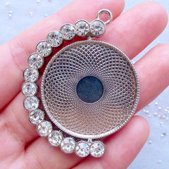 CLEARANCE Rotating Bezel Setting with Rhinestones | Round Bezel Cup Pendant | Movable Blank Bezel Tray | Kawaii Jewelry Supplies (1 piece / Silver / 38mm x 48mm)