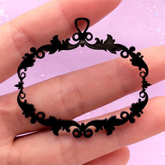 Ornate Frame Open Bezel | Vintage Deco Frame | UV Resin Jewelry Supplies | Filigree Frame Acrylic Charm (1 piece / Black / 49mm x 43mm / 2 Sided)