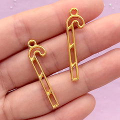 Candy Cane Open Bezel Charm | Christmas Candy Stick Deco Frame for UV Resin Filling | Kawaii Jewelry Supplies (2 pcs / Gold / 9mm x 34mm / 2 Sided)