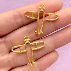 Airplane Open Bezel | Aeroplane Charm | Outlined Aircraft Pendant | Kawaii UV Resin Craft Supplies (2 pcs / Gold / 29mm x 26mm / 2 Sided)