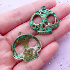 Sugar Skull Charm | Green Patina Mexican Skull Pendant | Halloween Jewelry & Accessory Making (4pcs / Antique Bronze / 27mm x 27mm)