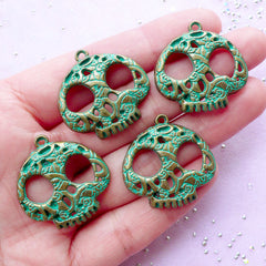 Sugar Skull Charm | Green Patina Mexican Skull Pendant | Halloween Jewelry & Accessory Making (4pcs / Antique Bronze / 27mm x 27mm)