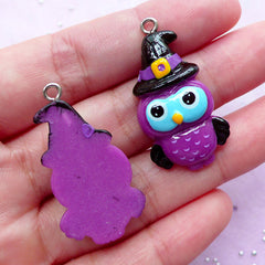 Kawaii Resin Charms | Halloween Witch Owl | Halloween Decor | Cute Gothic Lolita (Black & Purple / 2 pcs / 18mm x 30mm)