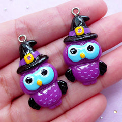 Kawaii Resin Charms | Halloween Witch Owl | Halloween Decor | Cute Gothic Lolita (Black & Purple / 2 pcs / 18mm x 30mm)