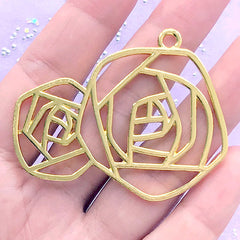 Rose Open Bezel Charm | Floral Pendant | Flower Deco Frame for UV Resin Filling | Kawaii Resin Jewellery DIY (1 piece / Gold / 53mm x 42mm)