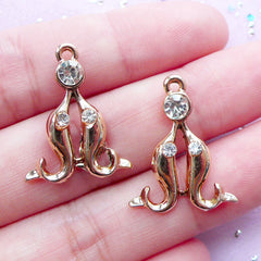 Gold Dolphin Charms with Rhinestone | Marine Life Pendant | Sea Ocean Jewelry & Accessory DIY (Gold / 2 pcs / 18mm x 22mm)