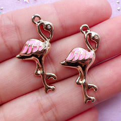 Flamingo Charms with Pink Enamel | Animal Pendant | Bird Jewelry & Accessory Making (Gold / 2 pcs / 16mm x 29mm)