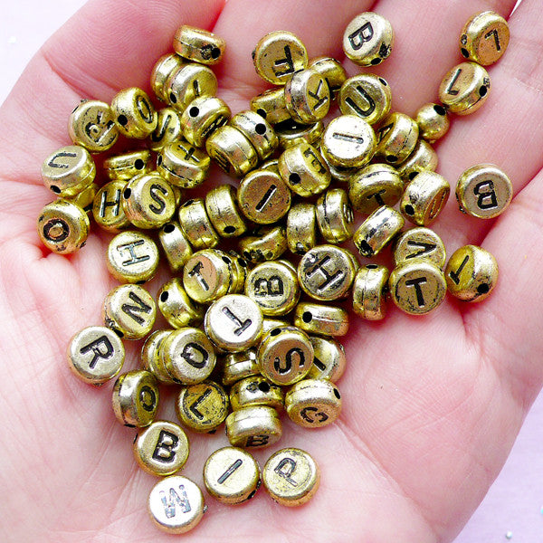 Round Alphabet Acrylic Beads | Initial Letter Name Message | Resin Craft (You Pick Letters or We Pick By Random / 7mm / Gold)