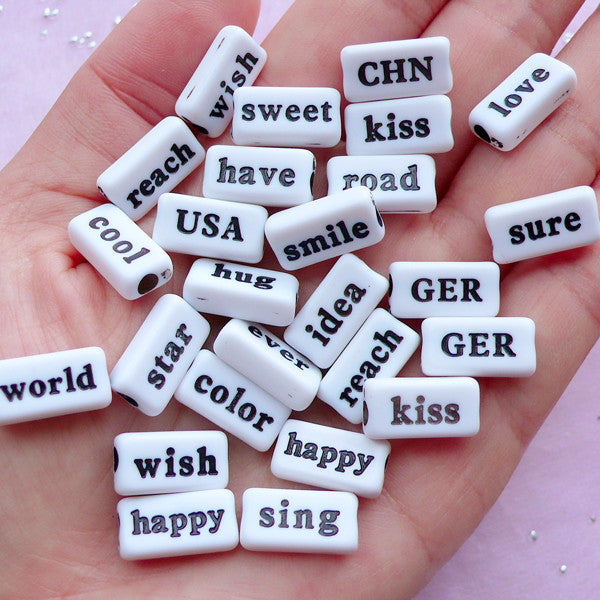 Acrylic Text Beads | Assorted Word Bead | Resin Cabochon Making (Black & White / 20 pcs / 15mm x 8mm / 2 Sided)