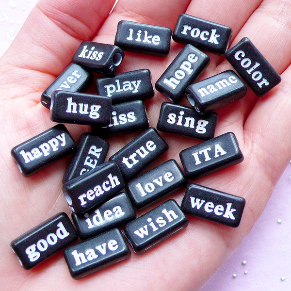 Assorted Text Bead | Word Acrylic Beads | Resin Craft (Black & White / 20 pcs / 15mm x 8mm / 2 Sided)