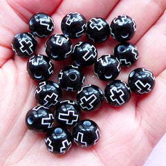 Cross Beads | Acrylic Ball Beads | Religion Jewelry & Accessory Making (Black & White / 20 pcs / 10mm / 4 Sided)