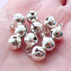 Round Jingle Bell Drops in 8mm | Sound Bell Charms | Jewellery Supplies (Silver / 10pcs / 8mm x 10mm)