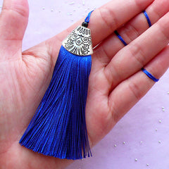 Royal Blue Thread Tassel Charm with Silver Cap | Cotton Fringe | Boho Jewelry & Accessory DIY (1 piece / 20mm x 80mm)