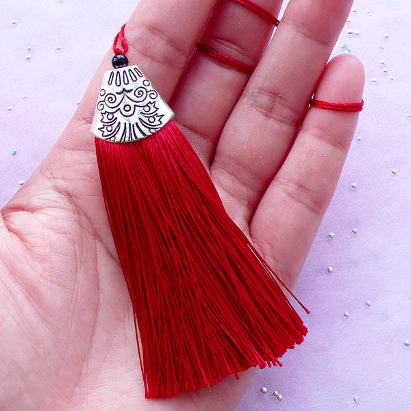 Fringe Tassel Charm with Silver Cap | Cotton Thread Tassel | Bohemian Jewellery & Accessory DIY (Wine Red / 1 piece / 20mm x 80mm)